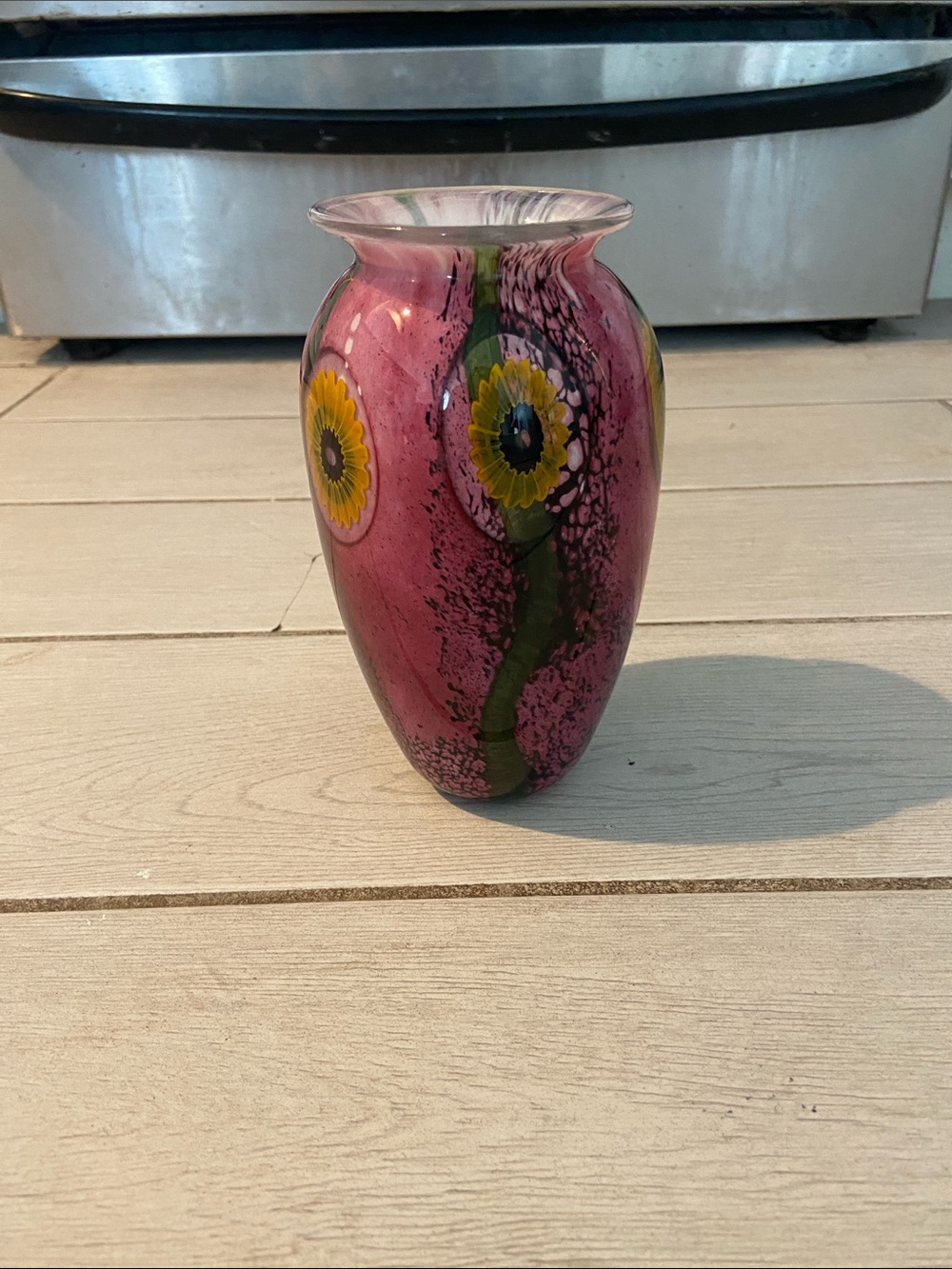 Handblown Pink Glass Vase with Sunflower Motif
